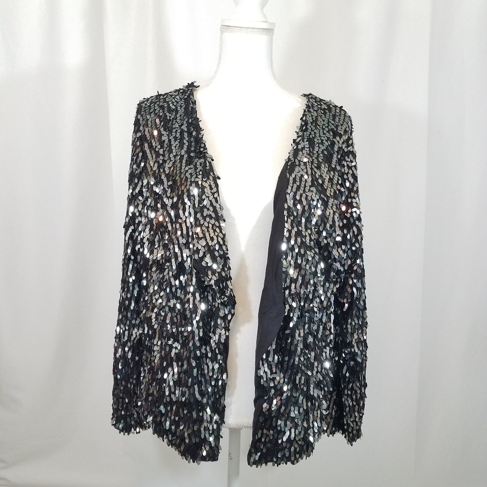 INC Radiance Deep Black Open Front Sequin Jacket … - image 1